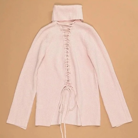 A.L.C. Alexander Pink Wool Cashmere Turtleneck Lace Up Back Sweater - Picture 1 of 10